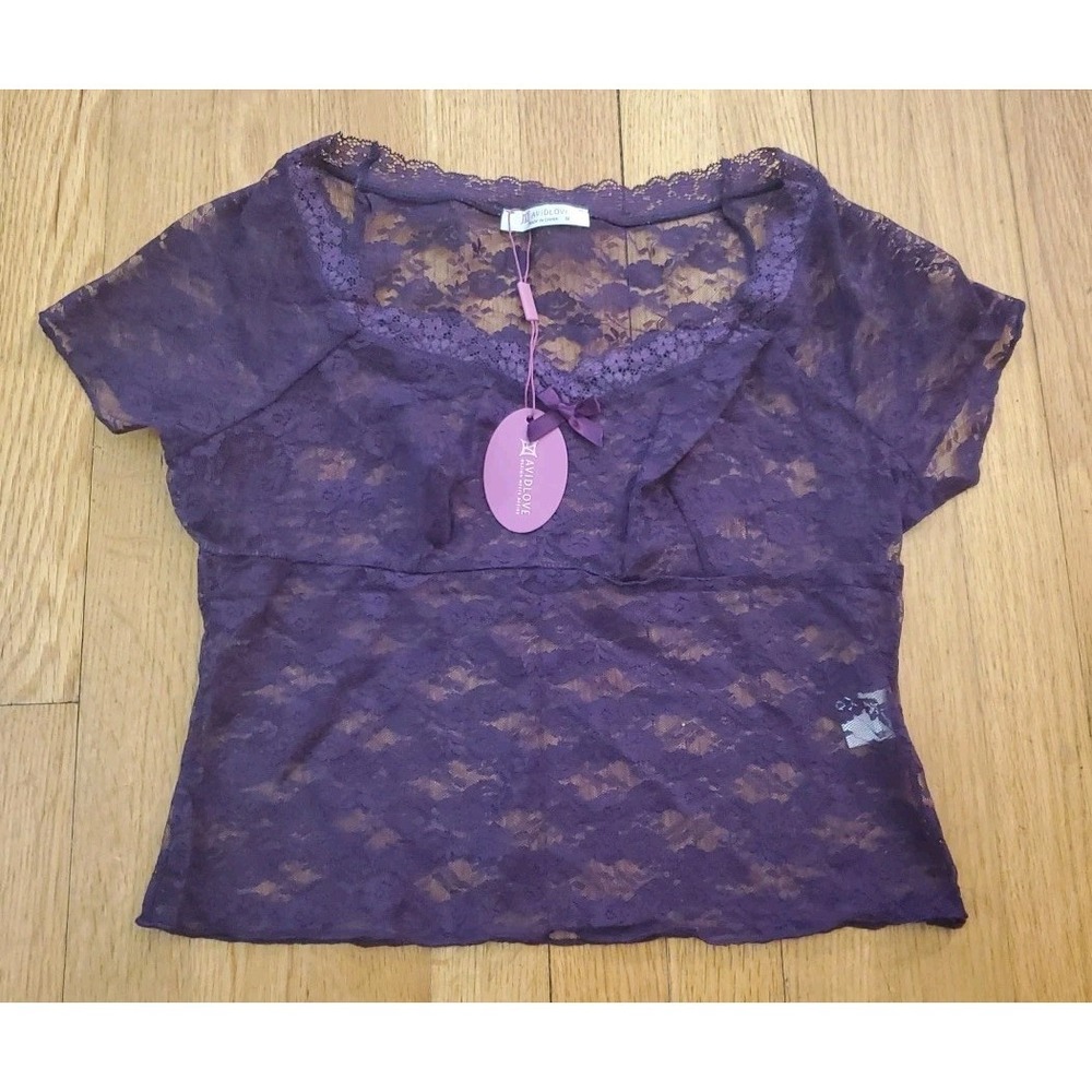 Avidlove Purple Crop Lace See Through Shirt Short Sleeve Top Sz M Festival‎ Sexy